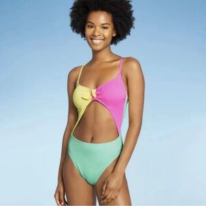 Xhilaration Juniors Ribbed Colorblock Tie-Front One Piece Swimsuit Medium NWT